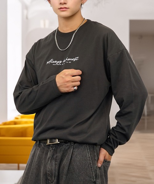 tシャツ 刺繍 ワンポイント グラフィック ロンT ロゴ ハート 黒ネコ