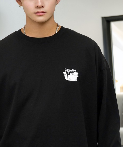 tシャツ 刺繍 ワンポイント グラフィック ロンT ロゴ ハート 黒ネコ