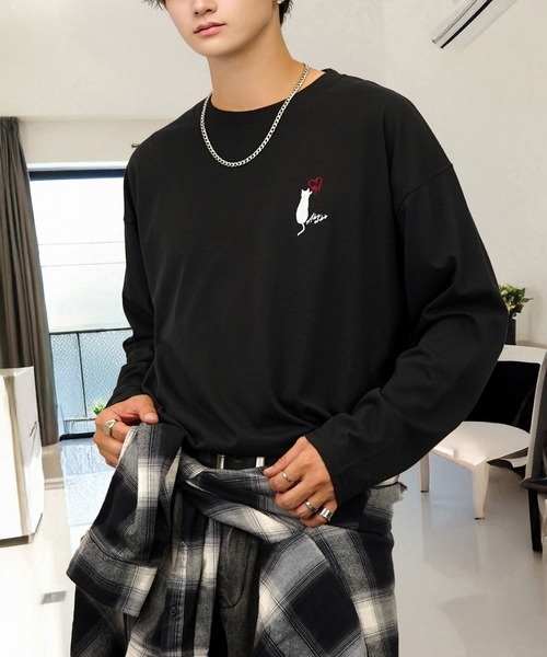 美品☆Supreme ワンポイントロゴ 花柄 刺繍 ロンT フラワー長袖Tシャツ tシャツ 刺繍 ワンポイント グラフィック ロンT ロゴ ハート 黒ネコ