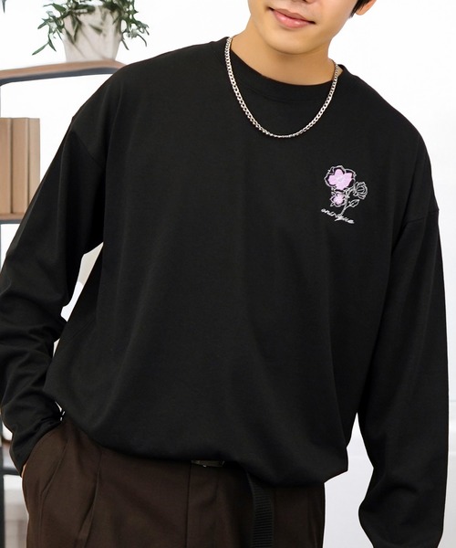 tシャツ 刺繍 ワンポイント グラフィック ロンT ロゴ ハート 黒ネコ