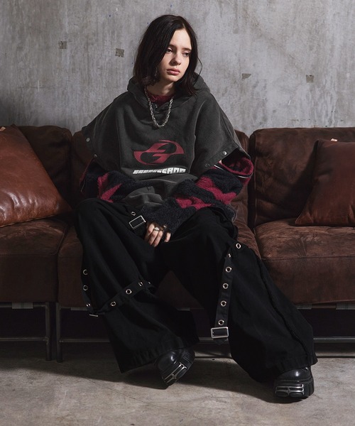 ヴィンテージライクスプレー加工ベルトデザインギミックデニムカーゴパンツ ERAR】ヴィンテージライクスプレー加工ベルトデザインギミックデニム