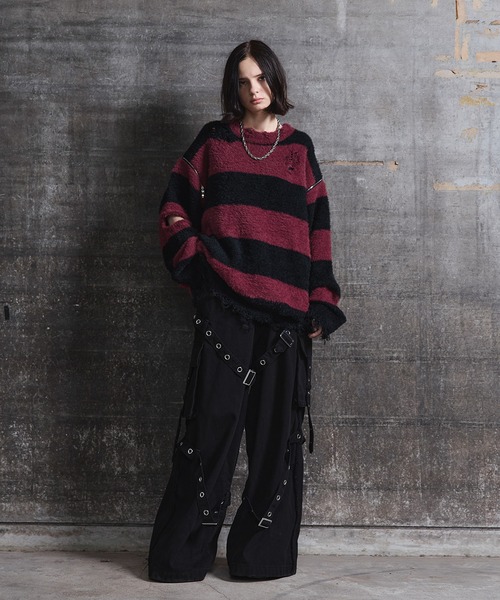 ヴィンテージライクスプレー加工ベルトデザインギミックデニムカーゴパンツ