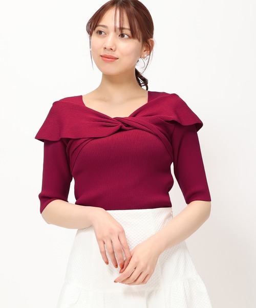 「MISCH MASCH」 半袖ニット フリ- レッド レディース_画像2