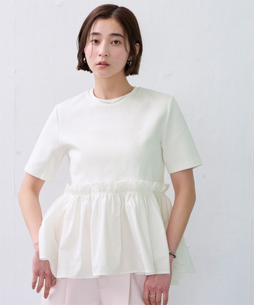 異素材ペプラムTシャツ （BLK） ur's（ユアーズ） tシャツ 異素材コンボペプラムTシャツ レディース