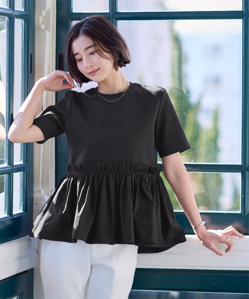 異素材ペプラムTシャツ （BLK） ur's（ユアーズ） tシャツ 異素材コンボペプラムTシャツ レディース