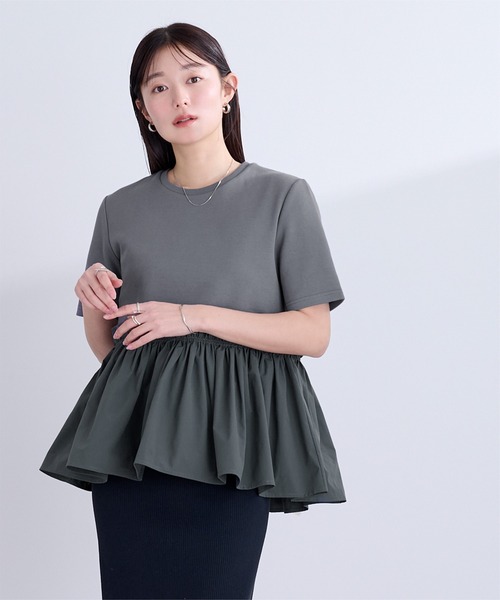 異素材ペプラムTシャツ （BLK） 異素材ペプラムTシャツ ペプラムT クルーネック 綿100％ ドット