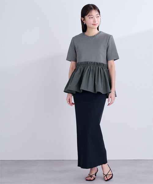 異素材ペプラムTシャツ （BLK） ur's（ユアーズ） tシャツ 異素材コンボペプラムTシャツ レディース