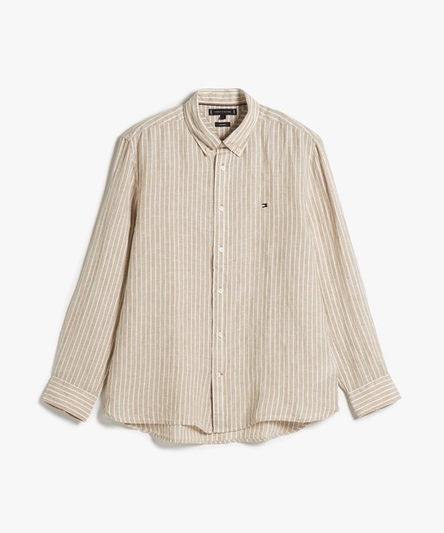 50s Sportsman レーヨンシャツ M 茶白 ストライプ 猫目ボタン TOMMY HILFIGER（トミー・ヒルフィガー） シャツ ストライプ柄リネン