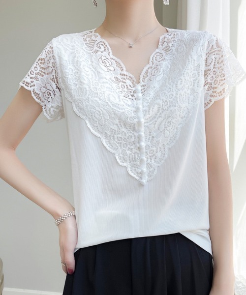 tシャツ 半袖 Vネックレース半袖リブニットトップス レディース