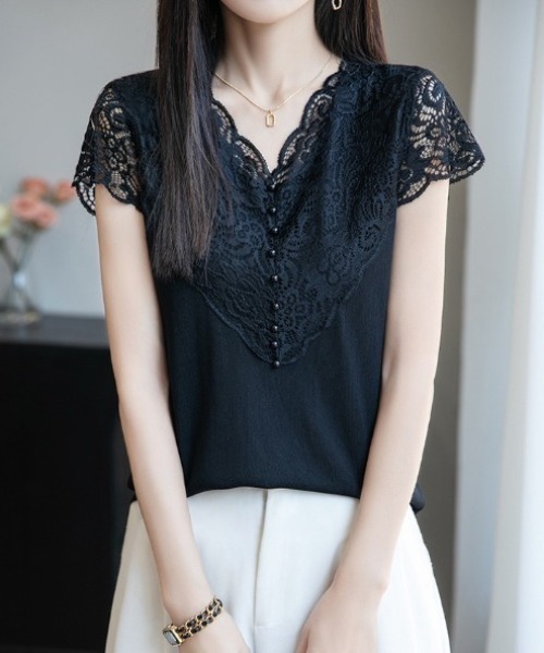tシャツ 半袖 Vネックレース半袖リブニットトップス レディース