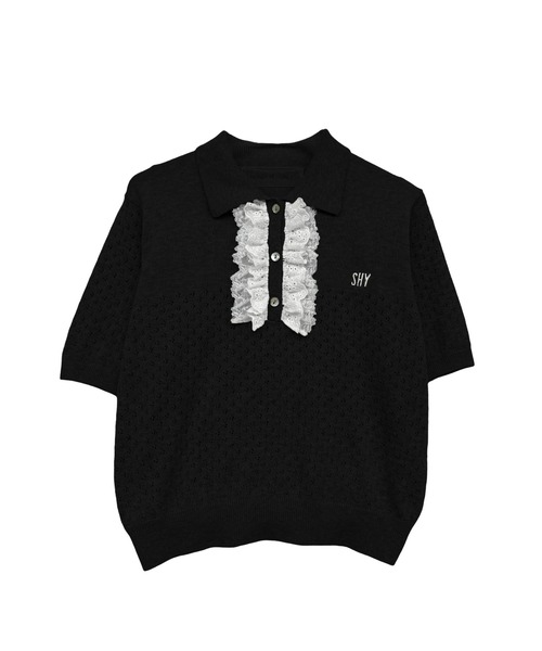 ハニーミーハニー【SHY】lace frill knit polo ブラック HONEY MI HONEY（ハニーミーハニー） ポロシャツ ポロ lace frill knit