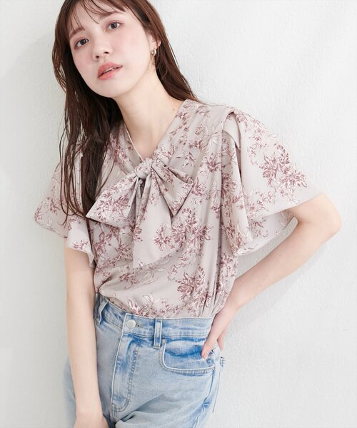 natural couture ブラウス シャツ リボンタイフラワーブラウス 