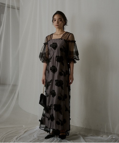 LE'RURE パーティードレス　ワンピース　花柄　フラワー　結婚式　ドレス LE'RURE ドレス Flower motif puffsleeve dress : ZOZOTOWN Yahoo!店