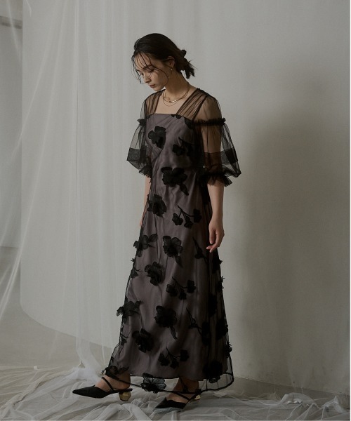 LE'RURE パーティードレス　ワンピース　花柄　フラワー　結婚式　ドレス LE'RURE ドレス Flower motif puffsleeve dress : ZOZOTOWN Yahoo!店