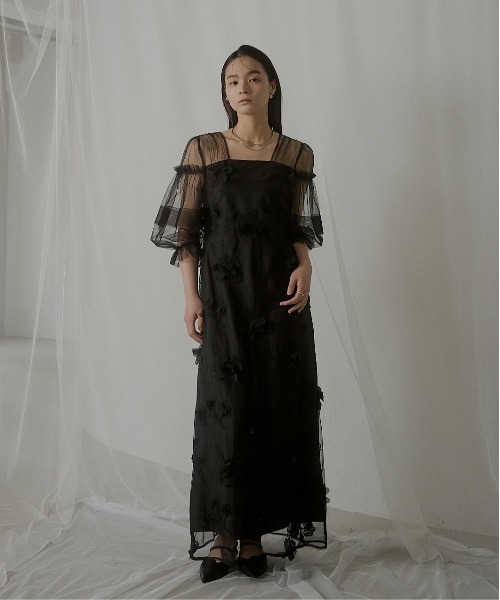 【LE’RURE】結婚式 刺繍 レース ドレス ブラック Sサイズ オケージョン LE'RURE ドレス Flower motif puffsleeve dress : ZOZOTOWN Yahoo!店