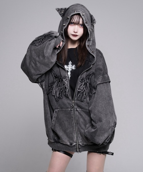 REFLEM 猫耳ZIPパーカー ダブルジップ グレー 完売品 REFLEM（レフレム） パーカー 「REFLEM/レフレム」顔料加工猫耳ZIP