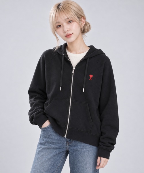 AMI Paris ハートロゴ ジップアップパーカー ブラックLサイズ AMI Alexandre Mattiussi パーカー AMI PARIS / AMI SMALL HEART LOGO