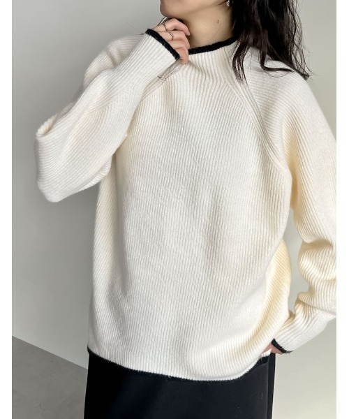 René ホワイト ハイネック パフスリーブ ニットチュニック Re:EDIT（リエディ） ニット セーター アルパカタッチハイネック起毛