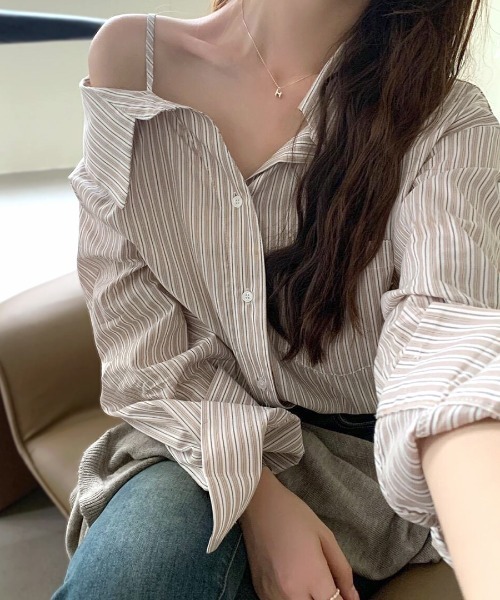 Riff（リフ） ブラウス シャツ ストライプ長袖シャツ オフショルダー