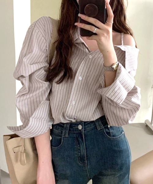 Riff（リフ） ブラウス シャツ ストライプ長袖シャツ オフショルダー