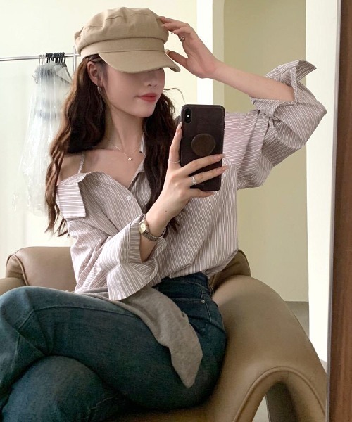 Riff（リフ） ブラウス シャツ ストライプ長袖シャツ オフショルダー