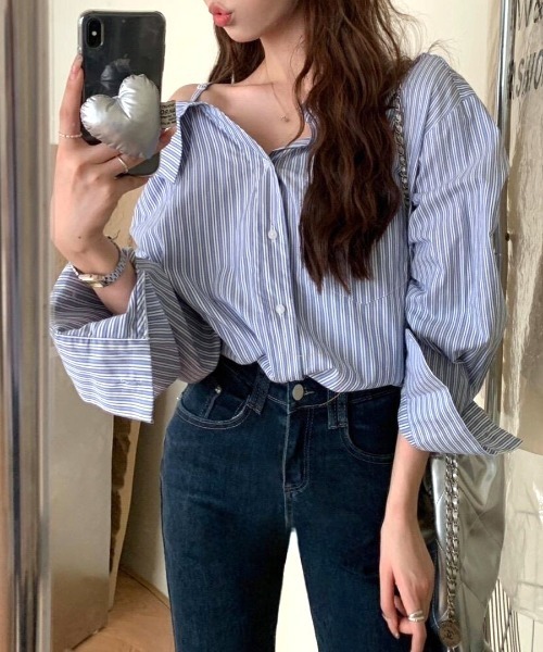ALINNV オフショルダー レイヤード トップス シャツ Tシャツ ストライプ ALINNV オフショルダー レイヤード トップス シャツ Tシャツ