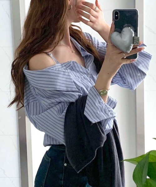 Riff（リフ） ブラウス シャツ ストライプ長袖シャツ オフショルダー