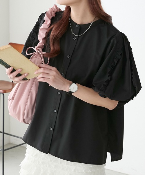 【美品】ルフィル TRツイルスリットスリーブ　バンドカラー　シャツ　ブラウス 美品】ルフィル TRツイルスリットスリーブ バンドカラー シャツ