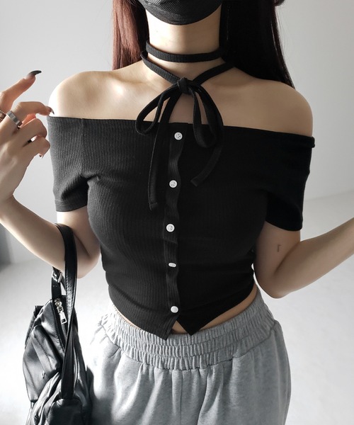 ブラックオフショルダーリボントップス me+em select tシャツ 「 2WAY 」ストラップリボンオフ
