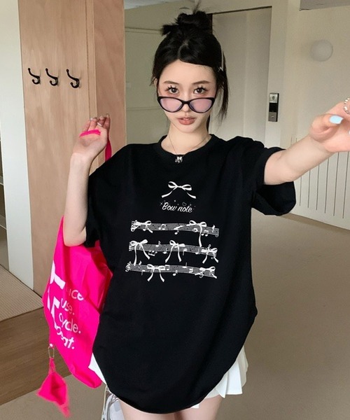 tシャツ ビッグリボンプルオーバー レディース shopnikoniko tシャツ Tシャツ リボン 半袖 オーバーサイズ