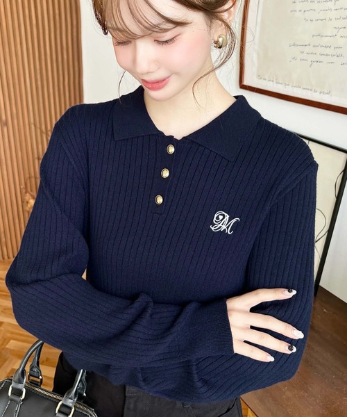 moment+ ニット セーター 刺繍入り衿付きポロニット レディース