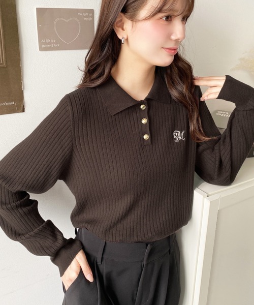 moment+ ニット セーター 刺繍入り衿付きポロニット レディース