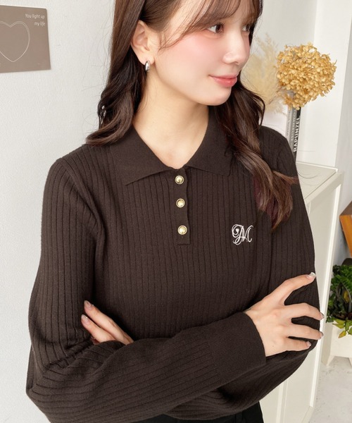 moment+ ニット セーター 刺繍入り衿付きポロニット レディース