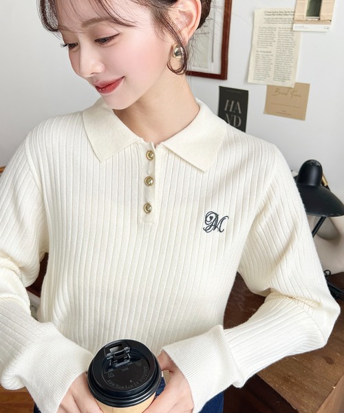 moment+ ニット セーター 刺繍入り衿付きポロニット レディース