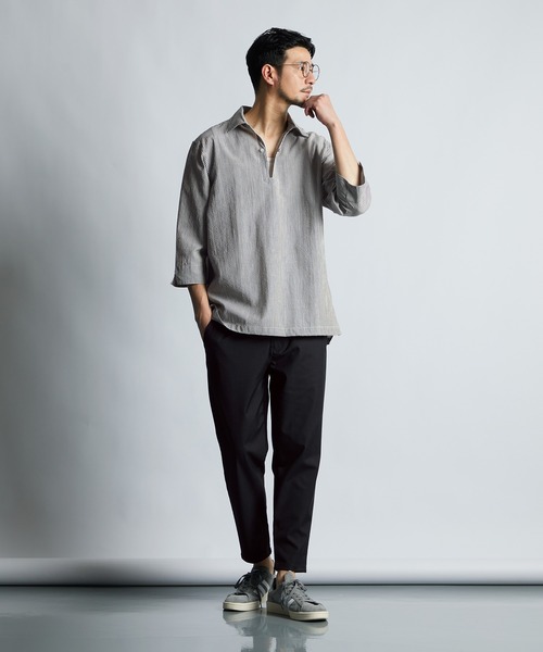 アクティブムーブ　Lサイズ　ネイビー7部丈 LANVIN en Bleu シャツ シアサッカー素材 7分袖 スキッパー