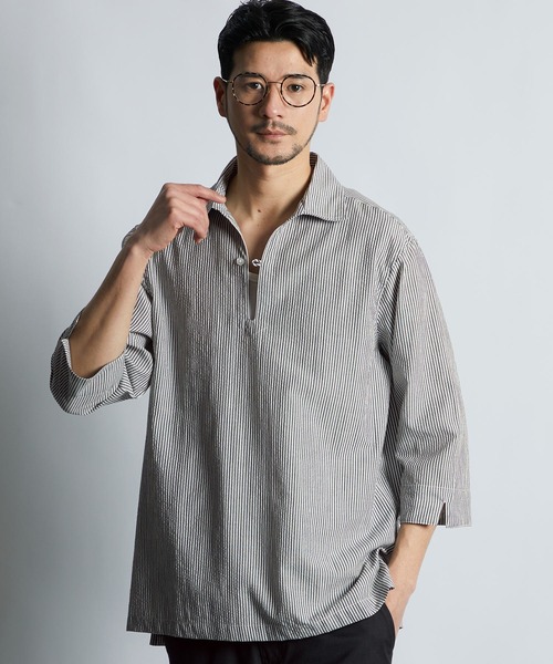 LANVIN en Bleu シャツ シアサッカー素材 7分袖 スキッパー