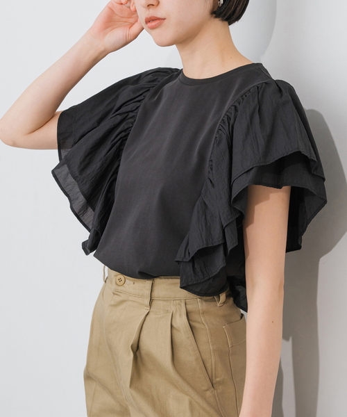 Spick＆Span tシャツ ファブリックコンビフレアスリーブプル