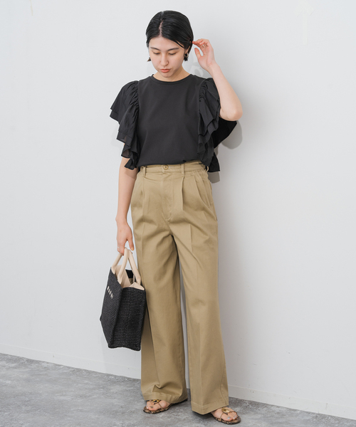 spick&span ファブリックコンビフレアスリーブプルオーバー ファブリックコンビフレアスリーブプルオーバー（Tシャツ