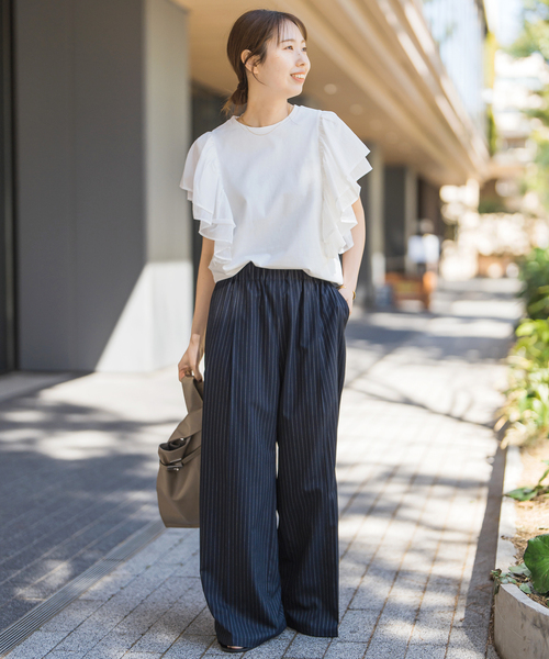Spick＆Span tシャツ ファブリックコンビフレアスリーブプル