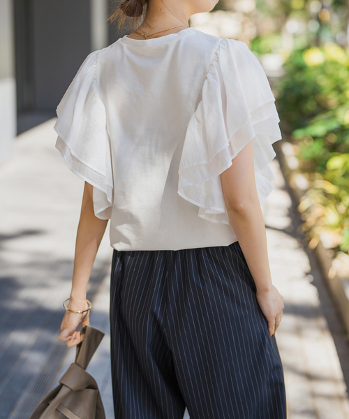 Spick＆Span tシャツ ファブリックコンビフレアスリーブプル