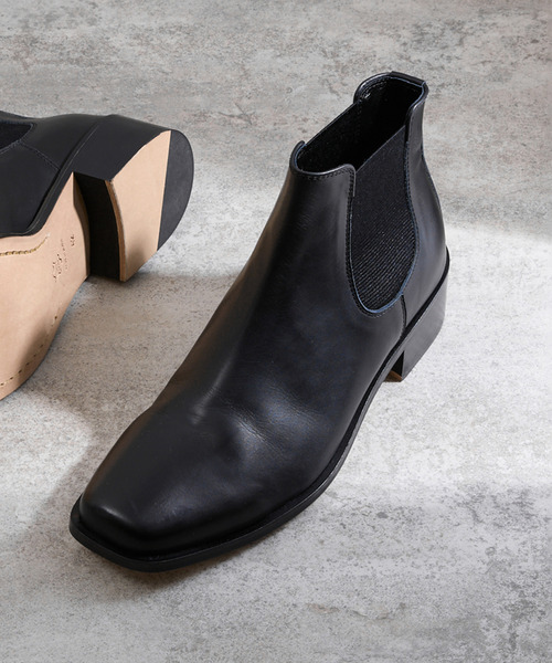 PADRONE 黒レザー サイドゴアブーツ And A ブーツ PADRONE パドローネ / BL SQUARE SIDE GORE BOOTS