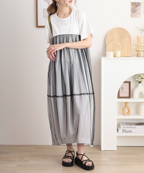 EGLANTINE ワンピース チュール切り替えワンピース 半袖