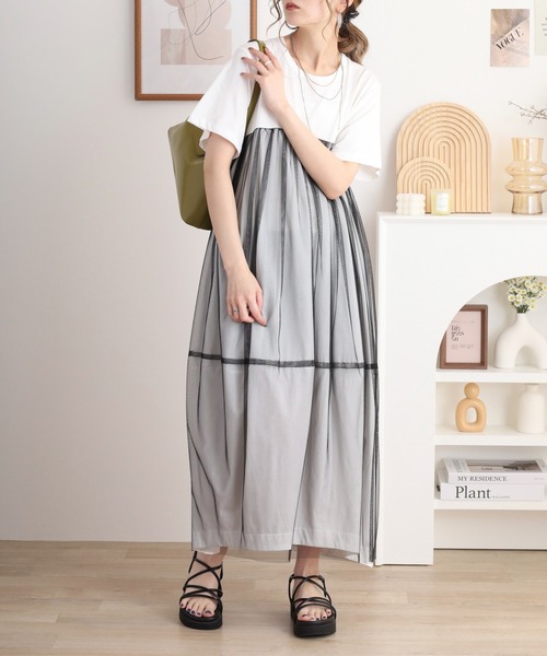 EGLANTINE ワンピース チュール切り替えワンピース 半袖