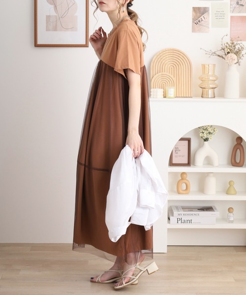 EGLANTINE ワンピース チュール切り替えワンピース 半袖