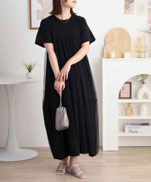 EGLANTINE ワンピース チュール切り替えワンピース 半袖
