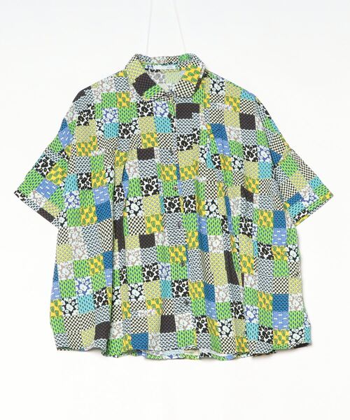 ブラウス シャツ プリント丸衿タックシャツ レディース
