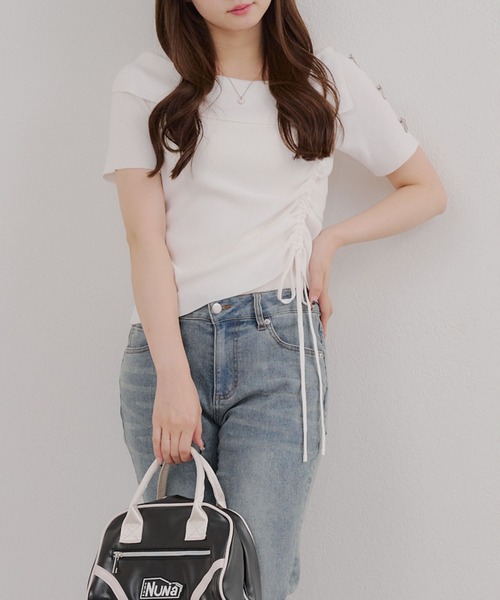 ニット セーター オフショルドロストニット レディース ANOTHER BRANCH OLIVE des ニット セーター リボンドロスト