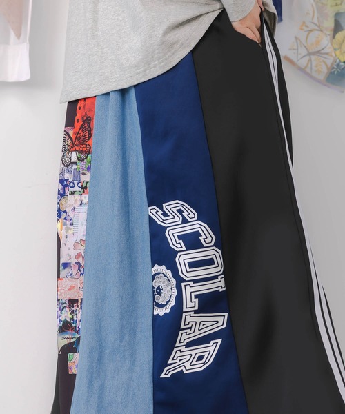 ScoLar スカート 153637：ロゴコラージュ柄 デニム×ジャージ切替  