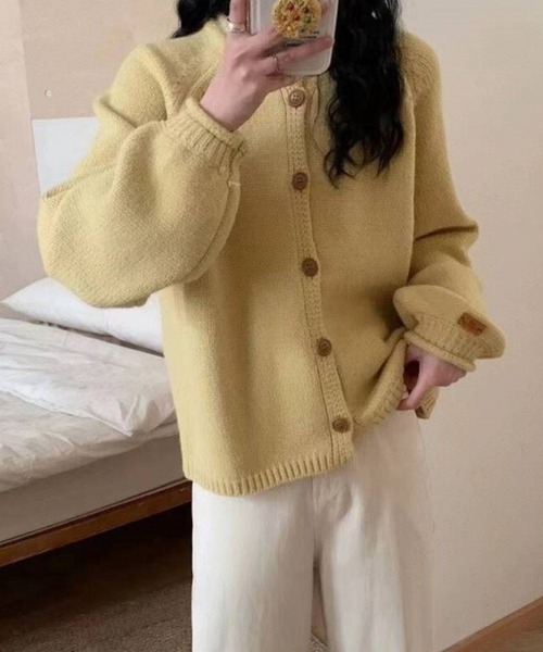 【45R】コットンニットカーディガン ブラウン クルーネック ラグランスリーブ ニットカーディガン ロング ラグランスリーブ 裏地付 モヘア混 日本製