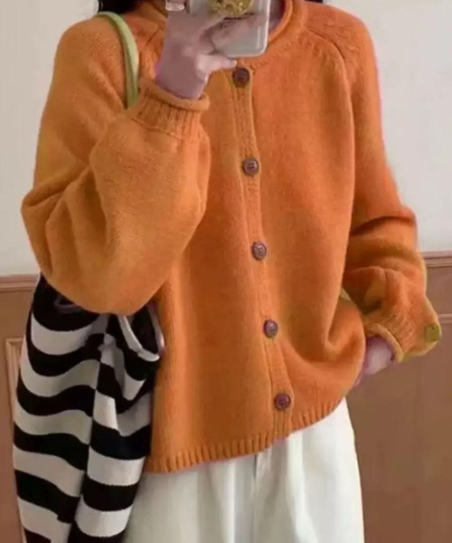 【45R】コットンニットカーディガン ブラウン クルーネック ラグランスリーブ CADBURY（キャドバリー） カーディガン クルーネックラグランニット